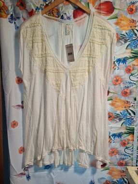 New Free People Ivory Lace-Trim V-Neck Tunic Size Small